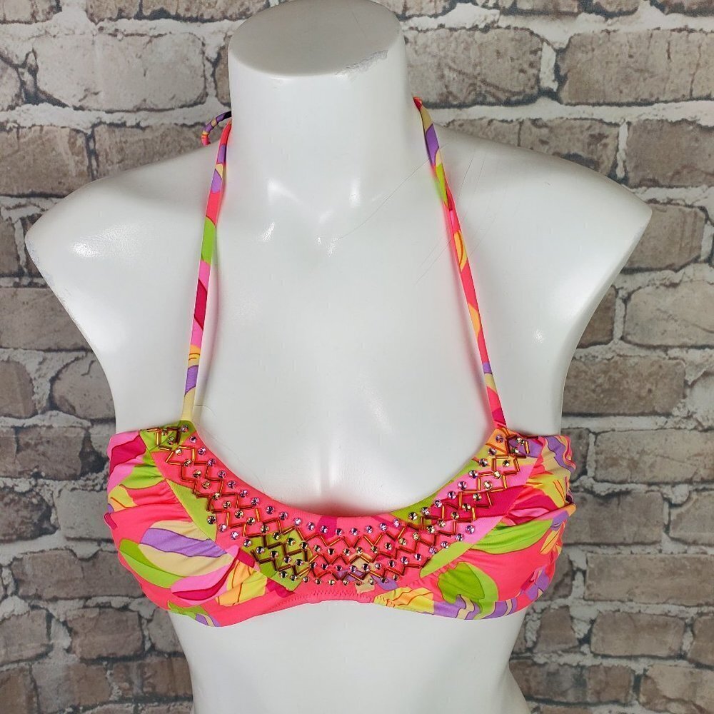 Victoria's Secret Coral Bikini  Top Bandeau Halter Crystals Beads Size Sm… - Picture 2 of 13